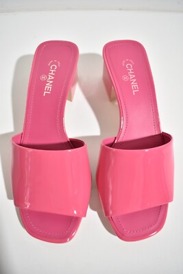 Chanel 22C Dark Light Pink Patent Calf CC Logo Mule Slide Block