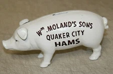 CAST IRON PIGGY BANK WM. MOLAND'S SONS QUAKER CITY HAMS ADVERTISING HEAVY NEW