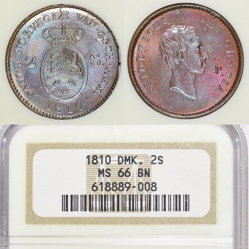 1810 Denmark 2 Skilling NGC MS66 BN Toned
