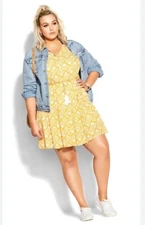 City Chic L/20 Geo Golden Boho Print Mini Dress Yellow and White 18263 tassels
