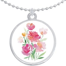 Pretty Pink Bouquet Round Pendant Necklace Beautiful Fashion Jewelry