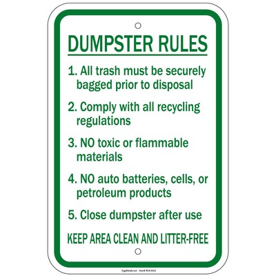 Dumpster Rules: Trash Must Be Bagged Recycle Regulation 8"x12" | eBay