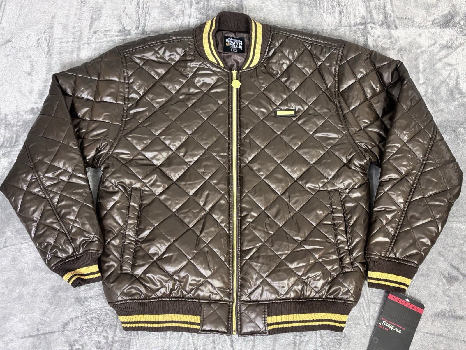 South Pole Mens Large Brown Quilted Puffer Jacket Gold Trim New With Tags Y2K