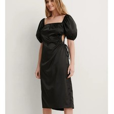 New Asos NA-KD Puff Sleeve Cut Out Midi Dress Black Women's Size M