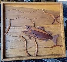 Salmon Trout Wood Intarsia Wall Cabin Art Large 20x18 Trout Hardwoods Kevin Daly