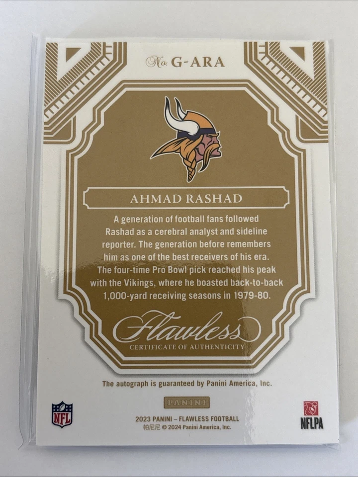 Panini Flawless NFL 2023 Ahmad Rashad Greats G-ARA Auto Sapphire SSP/10 Vikings Foto 2 de 2