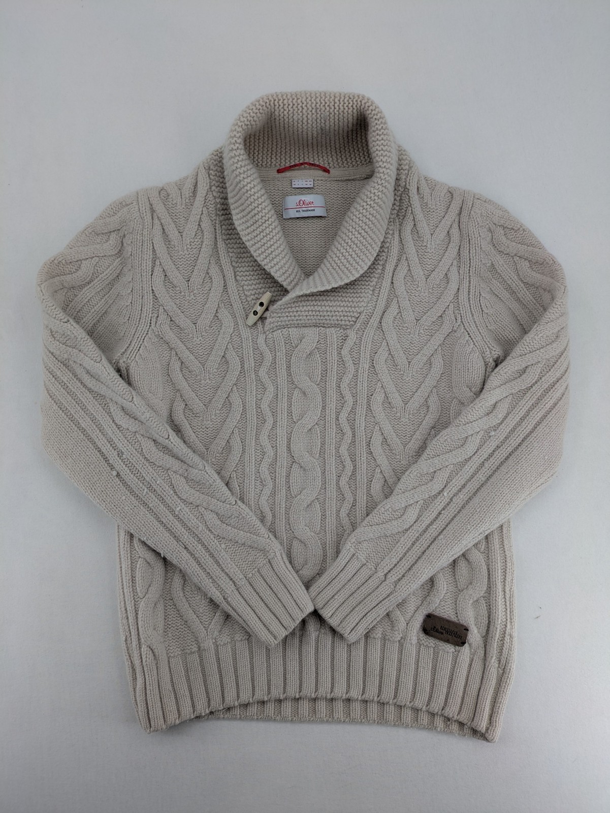 s.Oliver Herren Pullover Schalkragen Gr M Zopfmuster Strickpullover beige Wolle