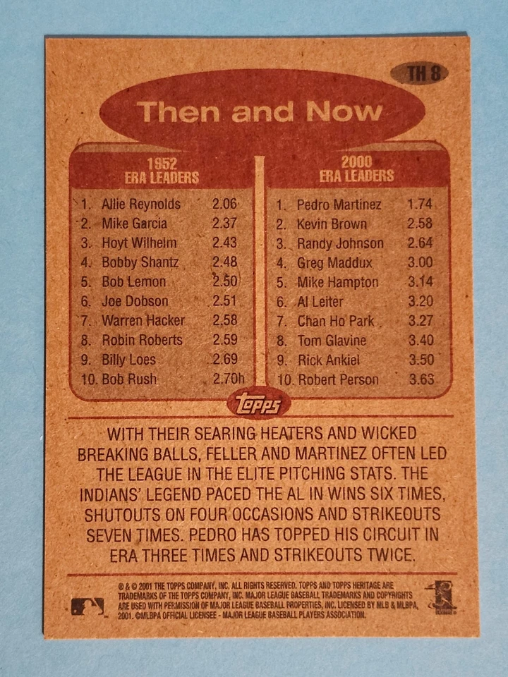 2001 Topps Heritage Then & Now Bob Feller Pedro Martinez Red Sox #TH8 ⚾ - Image 2 of 2