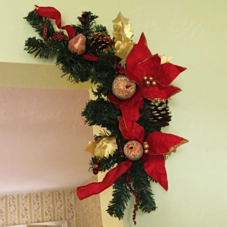 Set of 2 Christmas Poinsettia Pine Floral Swag Spray Holiday Door Wall Decor - Image 3 of 4