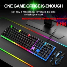 3pcs RGB Gaming Keyboard Mouse Set USB Wired Rainbow LED Backlit for PC Laptop