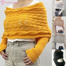 Knitted Cable Wrap Sweater Scarf with Sleeves Women Boho Pashmina Scarf Cape US