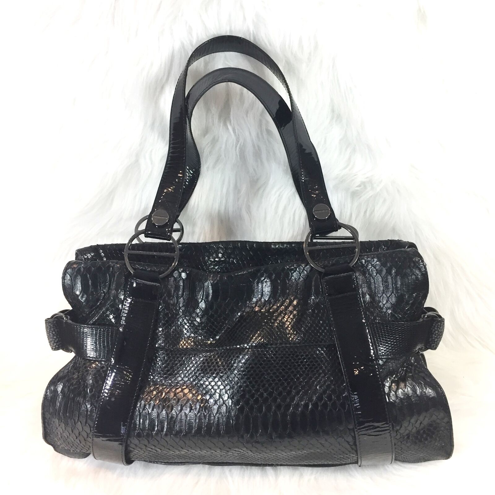 Borsa a mano Borbonese nera in pitone e pelle verniciata extra large