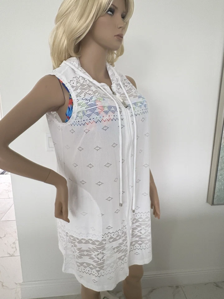 DOTTI Blanco Natación Gitana Gema Sin Mangas Cubre Cremallera Completa Con Capucha Talla Mediana Nuevo con Etiquetas Foto 4 de 4