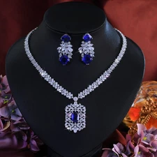 Trendy Blue Cubic Zirconia Square Leaf Cluster Necklace Earrings CZ Jewelry Set