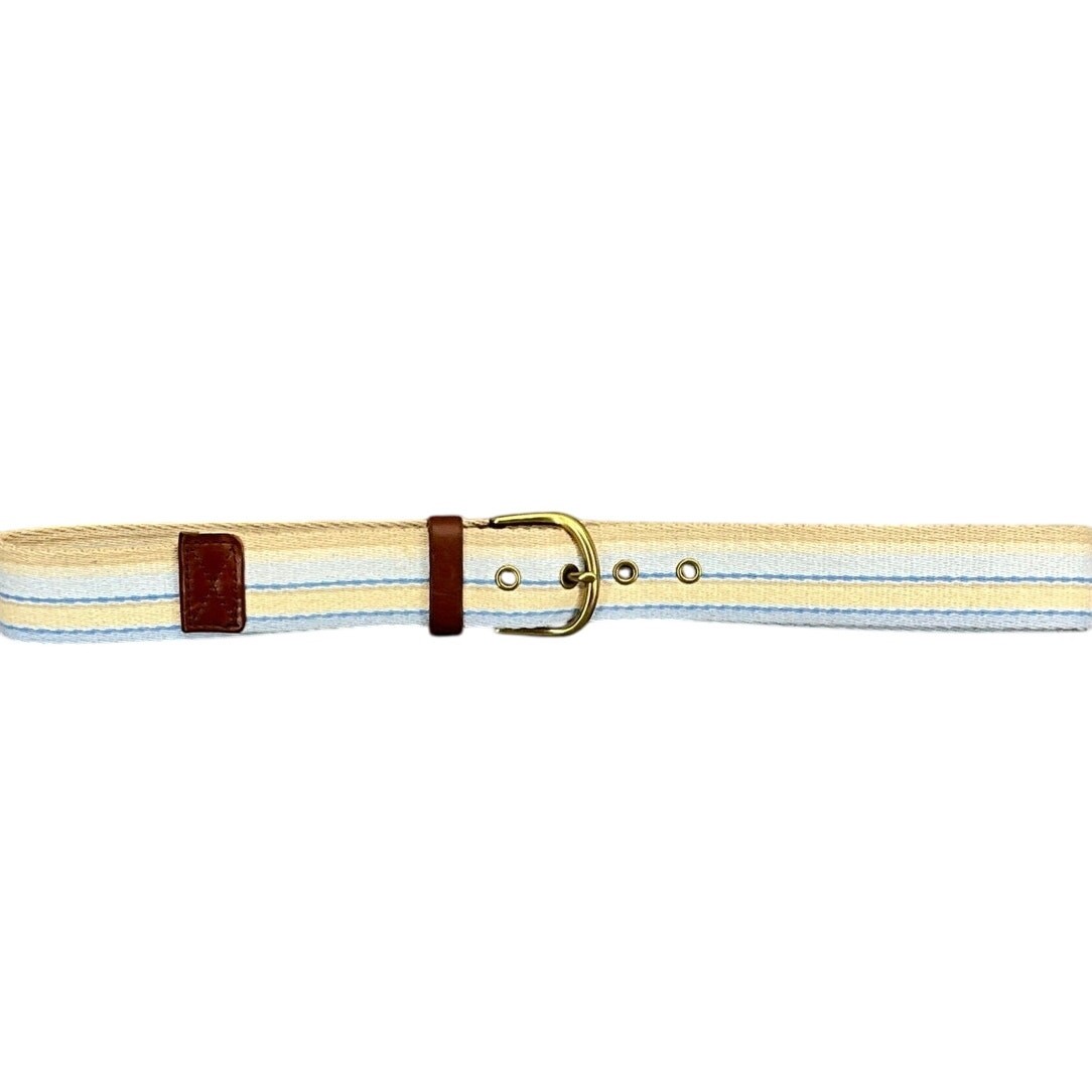"Eddie Bauer Pastel Yellow Blue Stripe Canvas Leather Trim Belt Men 31\"-35\""