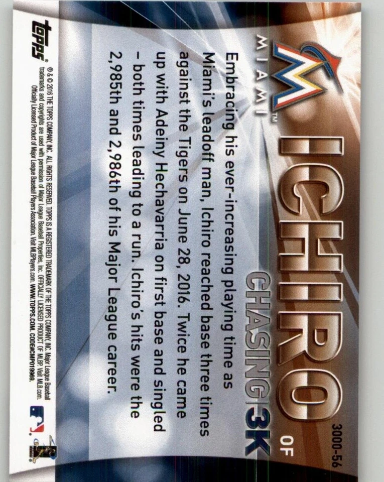 2016 Topps Update Ichiro Chasing 3K #3000-56 Miami Marlins - Image 2 of 2