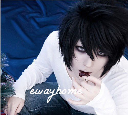 Anime DEATH NOTE L·Lawliet kurze geschichtete schwarze Haare Cosplay Kostüm volle Perücke Kappe