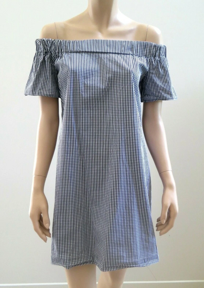 CUE TC Black White Gingham Off Shoulder Smock Tunic Dress sz 6