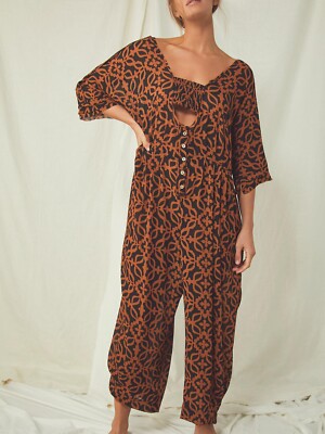 Free People Intimately Rewinde Jumpsuit Gold Black Print Silky SZ