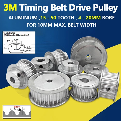 3M 10mm Timing Belt Drive Pulley 3mm Pitch 15-50 Tooth 4-20mm Bore HTD Aluminium