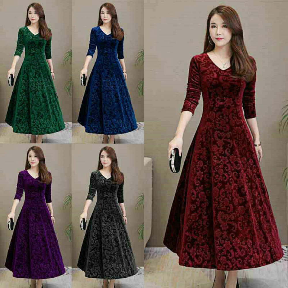 Womens Velvet Dress Long Sleeve Long Maxi Dress Cocktail Party Ball Gown Dresses
