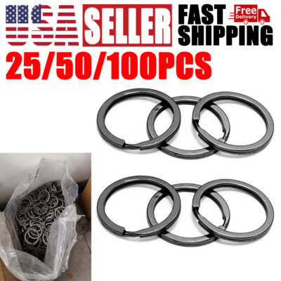 25/50/100Pcs 30mm Stainless Steel Flat Key Rings Black Key Chain Split ...