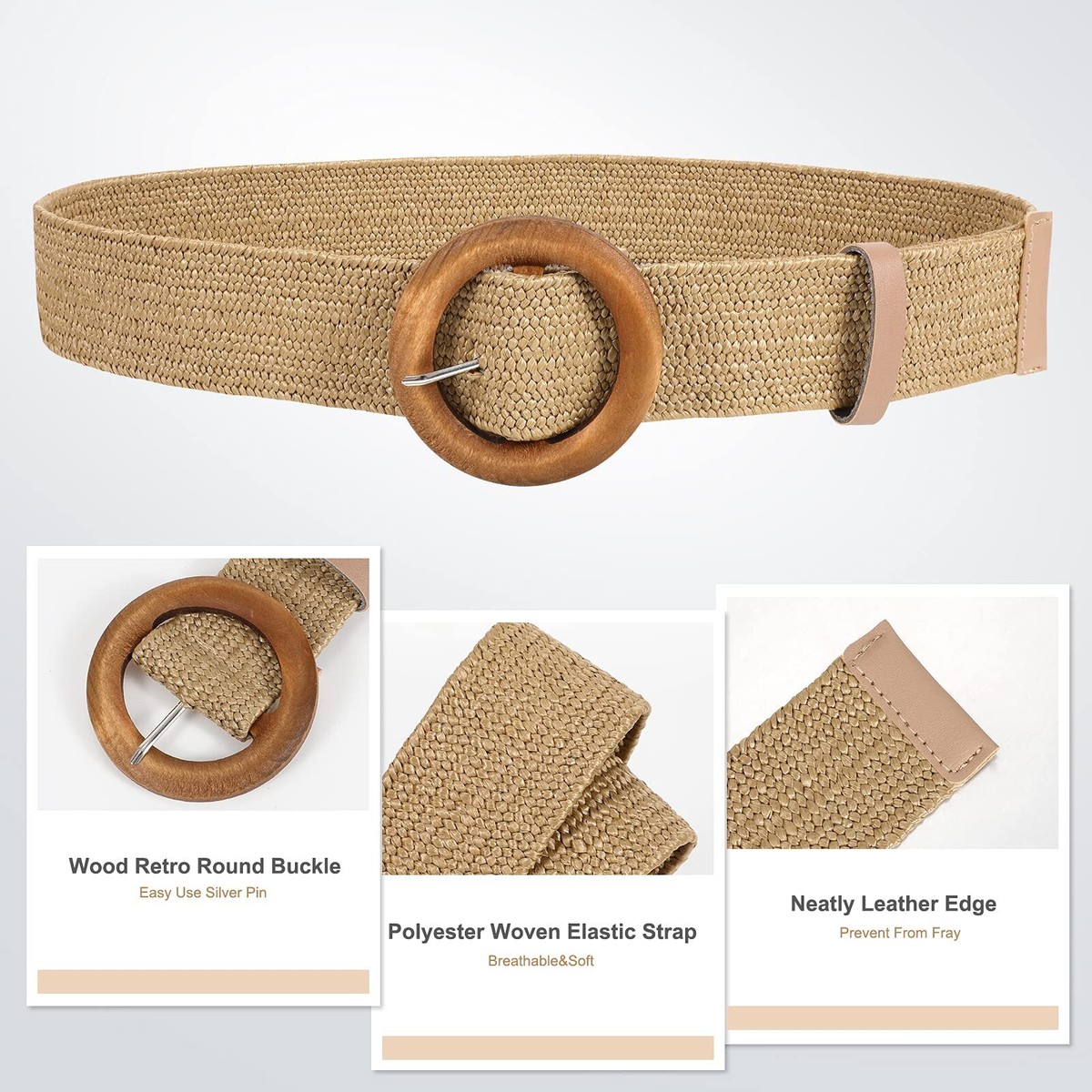 4 Pack Straw Woven Elastic Stretch Belts with Large Buckle 