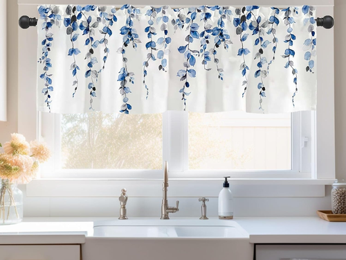 Watercolor Blue Leaves Window Valance for Bedroom Living Room, Grey - 第 2/12 張圖片