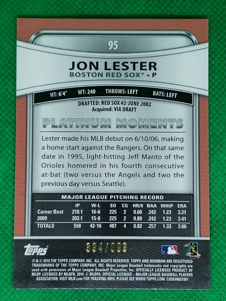 Jon Lester 2010 Bowman Platinum #95 Parallel SN 394/999 - Boston Red Sox - Image 2 of 2