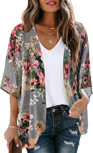 Women'S Floral Print Puff Sleeve Kimono Cardigan Loose Cover up Casual Blouse To