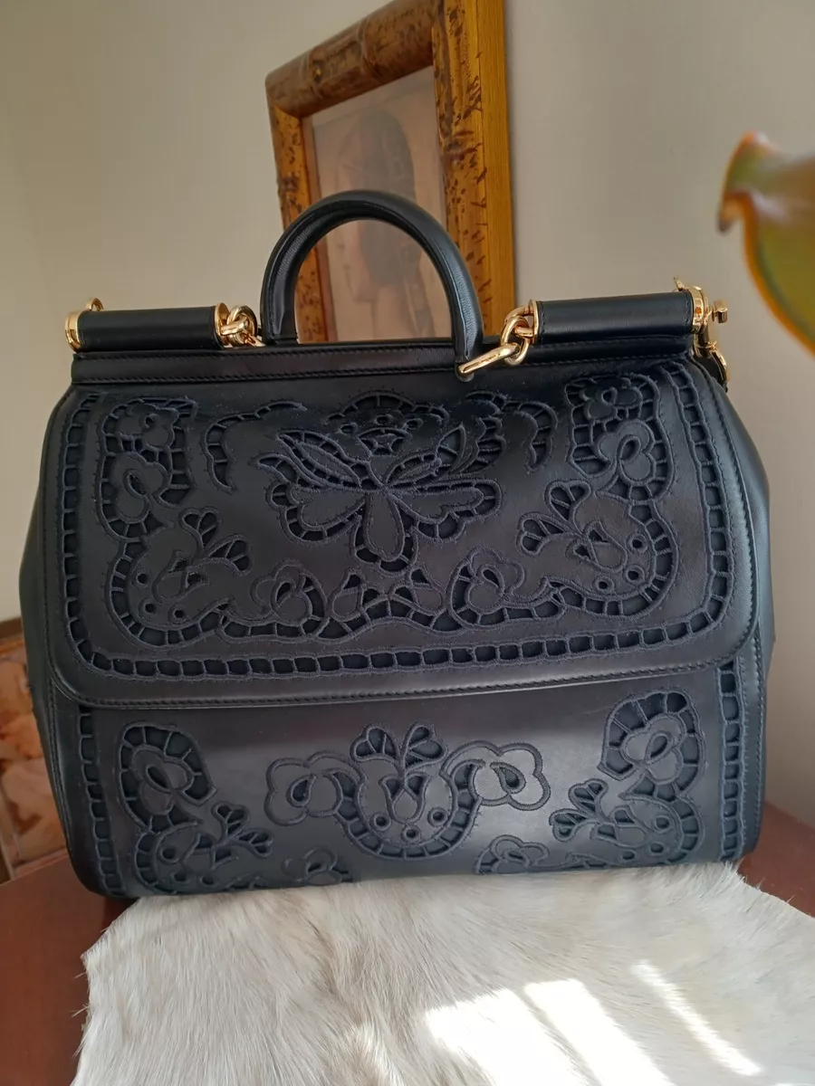 DOLCE AND GABBANA LARGE SICILY BAG BLACK EMBROIDERED CALFSKIN SOLD-OUT RARE