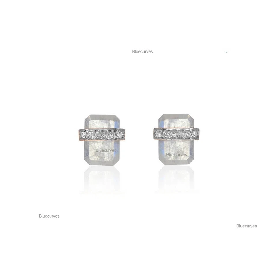 Pendientes de oro de 14 k con banda de diamantes reales y piedras lunares talla esmeralda envueltos alrededor Foto 2 de 3