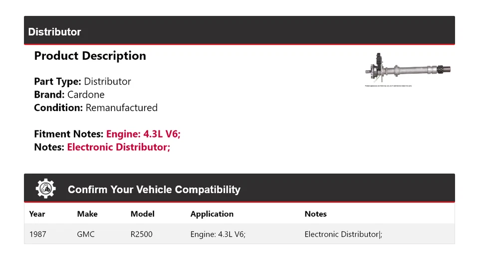 Cardone distribuidor 4.3L V6 para 1987 GMC R2500 - Imagem 2 de 4