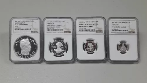 SHARJAH 1970 AH1389 SIMON BOLIVAR/ NAPOLEON / WORLDCUP / MONALISA NGC 68 PF SET