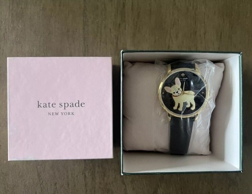Kate Spade New York Womens Metro Puppy French Bulldog Watch, Black Leather Band