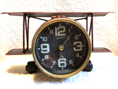 CT22--Bi-Plane Airplane TIME FLIES DESK or HOME CLOCK With 4 Inch