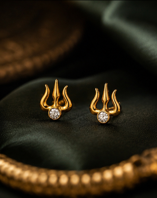 #ad 22KT Gold Shiva Trishul Tops Minimal Sacred Stud Earrings Unisex $1850.00