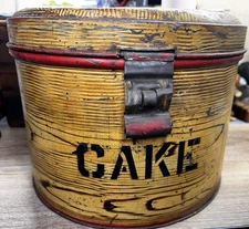 Early 20th C Faux Bois Tin Cake Carrier Primitive Pantry Decor Stenciled
