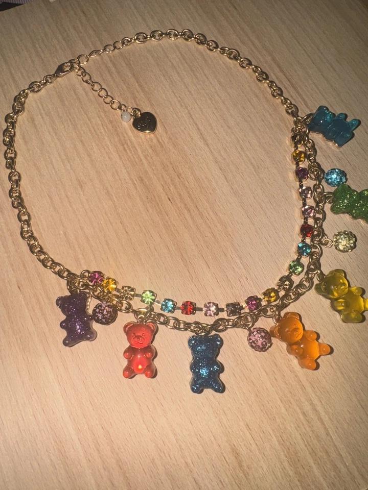 Collar Betsey Johnson Arco Iris Oso Gomoso Dije - Tono Dorado, Doble Cadena, Y2K Foto 4 de 4