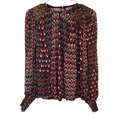 Blank London Anthropologie XS Sequin Shoulder Geometric Blouse Top Red Black