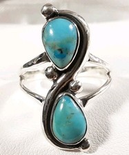 925 STERLING SILVER BEADED SCROLLS DESIGN TURQUOISE SIZE 8 RING 3.4g