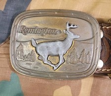 Remington Running Deer Vintage Belt Buckle With Leather Belt 40 In