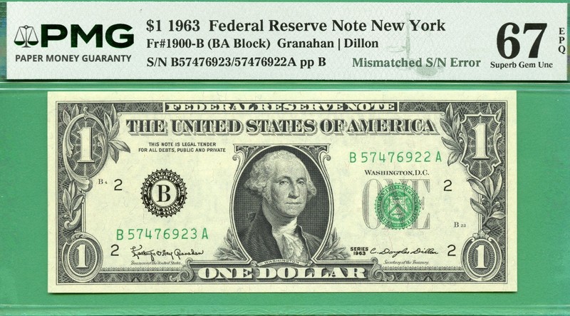 ERROR MISMATCHED & CONSECUTIVE SERIALS ON SAME NOTE - 1963 $1 FRN - PMG GEM 67