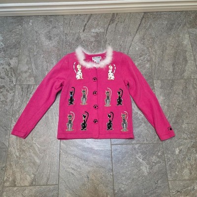 Vintage Jack B Quick Cat Cardigan Sweater pink Cotton PM statement