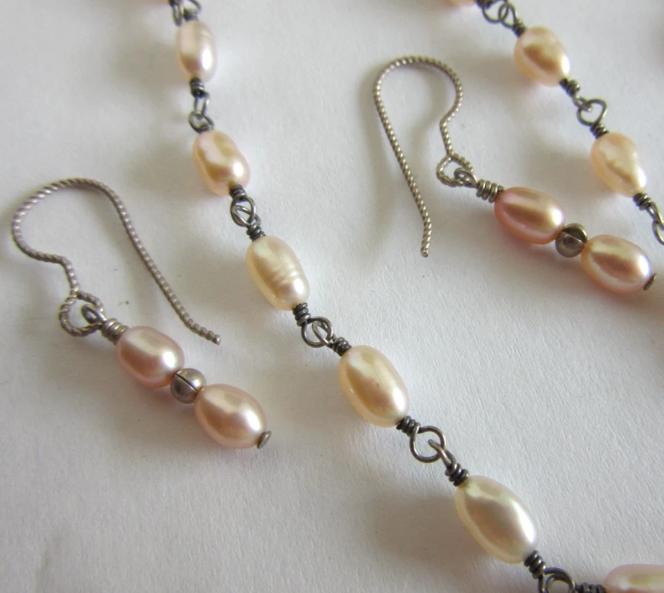 925 Juego de Pendientes Cadena Perla Arroz 17" Largo y Perforado Foto 4 de 4