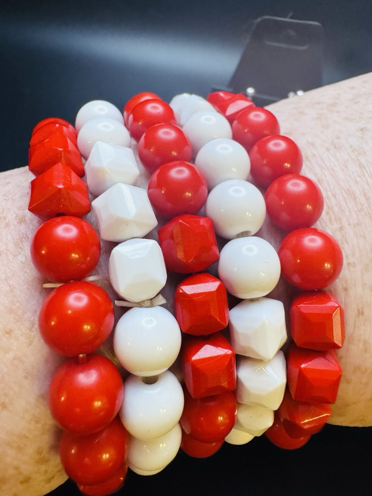 Handmade Red White Beaded Bracelet Stack & Earrin… - image 4