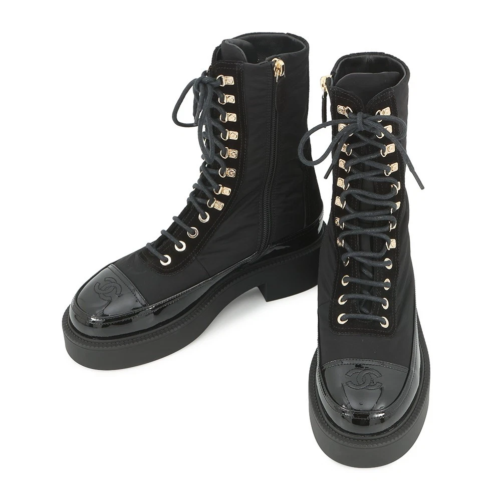 Chanel — CHANEL CC Logo Lace-Up Boots Size 36C Nylon/Patent Leather Black G38086