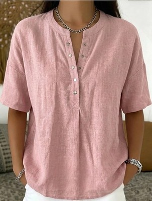 Womens V-Neck Short Sleeve Blouse Casual Loose Solid Color Button Shirt