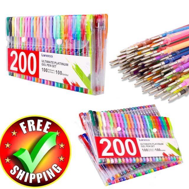 Colored Gel Pens 200 Pack Set Lot Metallic Glitter Color Quality Office