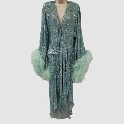 sequin wrap dress green Long Sleeve Short Sequin Wrap Party Dress Green / Large